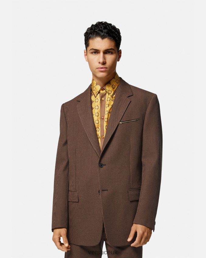 Men Versace Barocco 660 Houndstooth Blazer 6D2D061279 Brown & Gold Clothing