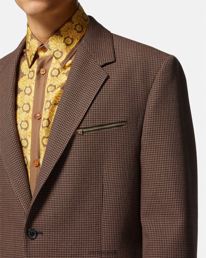 Men Versace Barocco 660 Houndstooth Blazer 6D2D061279 Brown & Gold Clothing