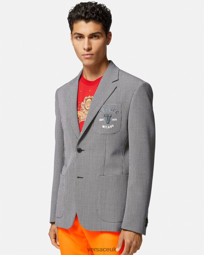 Men Versace Varsity Logo Houndstooth Blazer 6D2D061278 Black & White Clothing