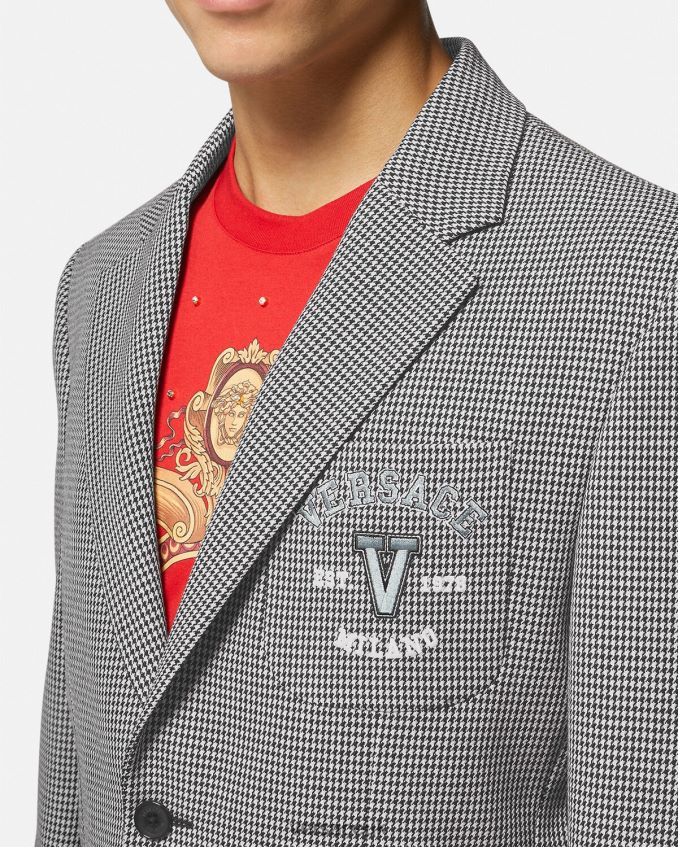 Men Versace Varsity Logo Houndstooth Blazer 6D2D061278 Black & White Clothing