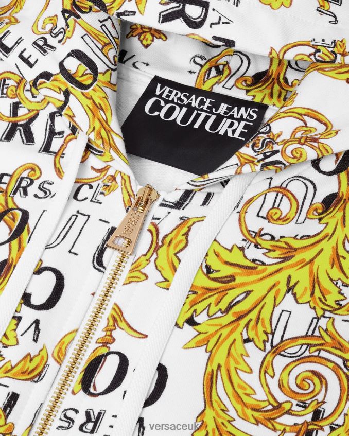 Men Versace Logo Couture Zip Hoodie 6D2D062404 Gold & White Clothing
