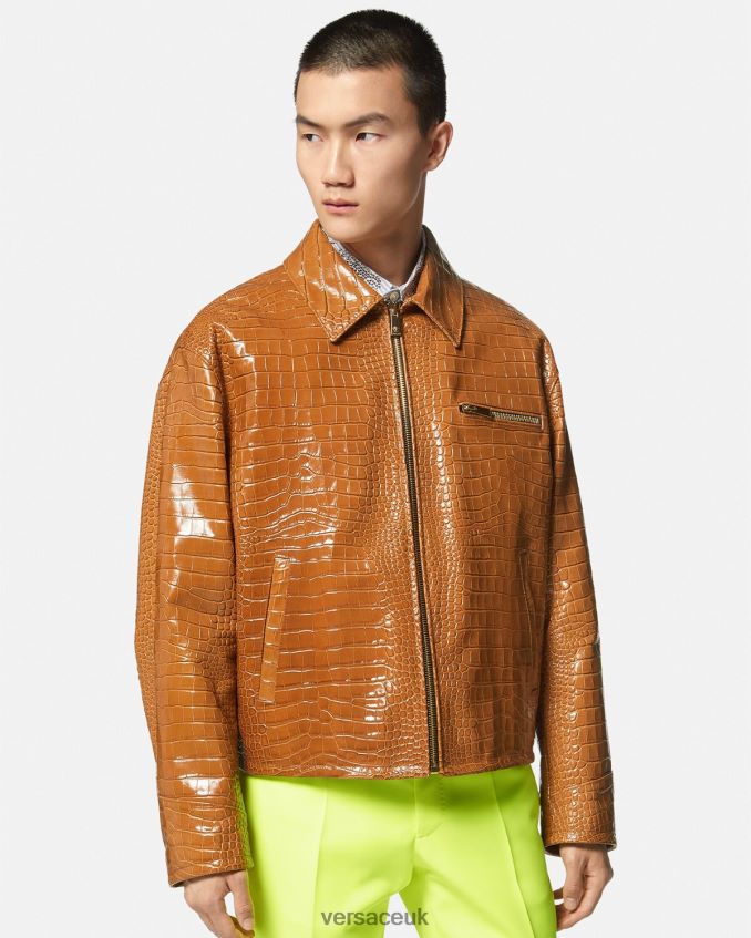 Men Versace Croc-Effect Leather Blouson Jacket 6D2D061255 Orange Clothing