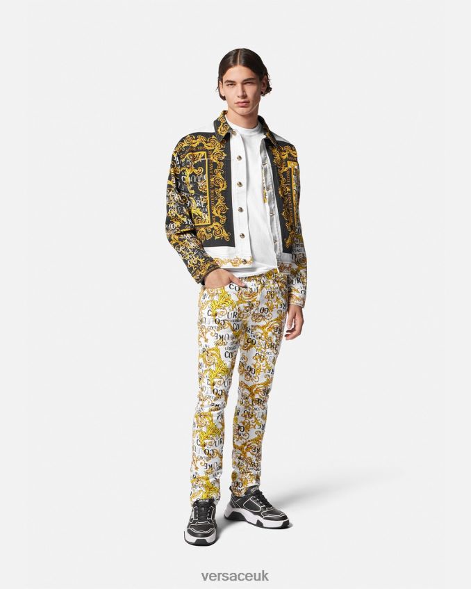Men Versace Logo Couture Denim Jacket 6D2D062416 Gold & White Clothing
