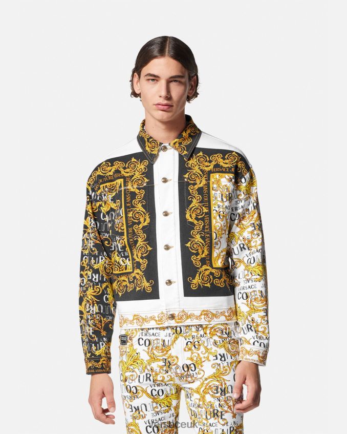 Men Versace Logo Couture Denim Jacket 6D2D062416 Gold & White Clothing