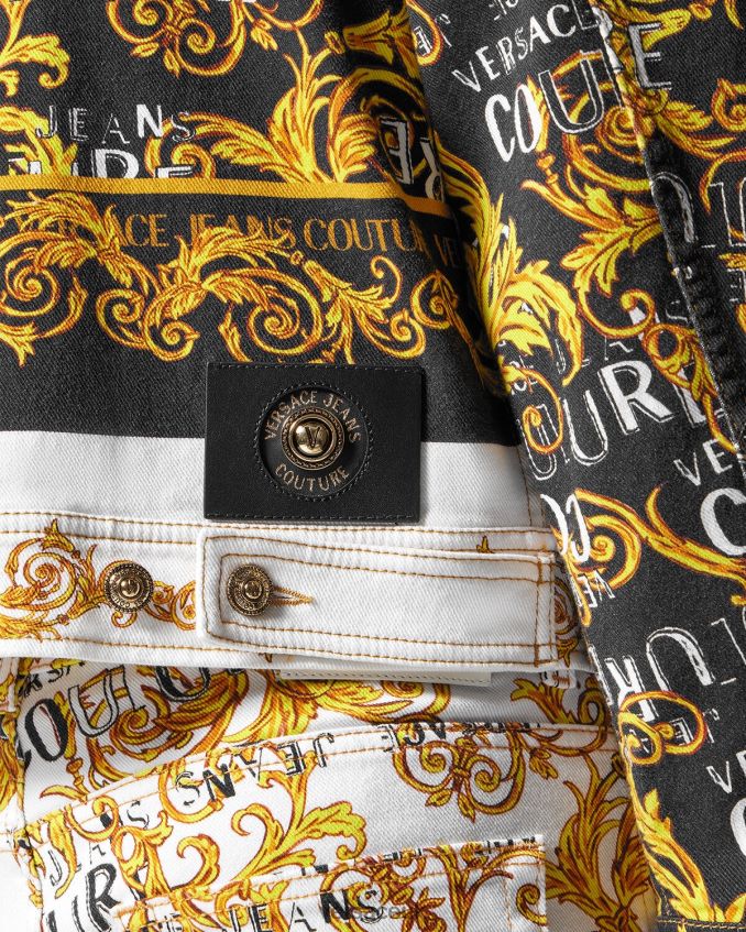 Men Versace Logo Couture Denim Jacket 6D2D062416 Gold & White Clothing