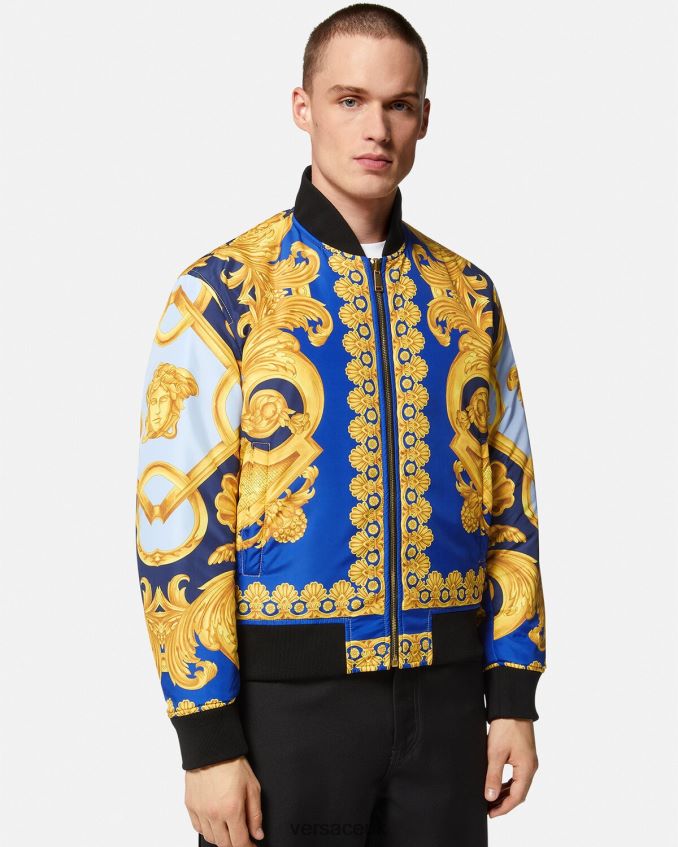 Men Versace Reversible Barocco 660 Bomber Jacket 6D2D061240 Blue & Gold Clothing