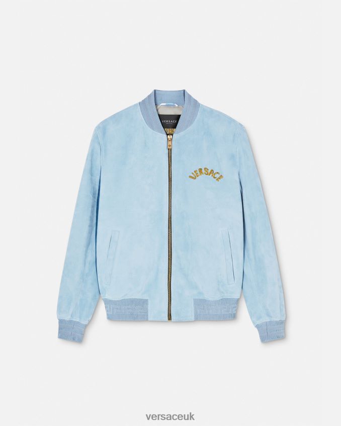 Men Versace Seashell Baroque Logo Suede Jacket 6D2D061223 Light Blue Clothing