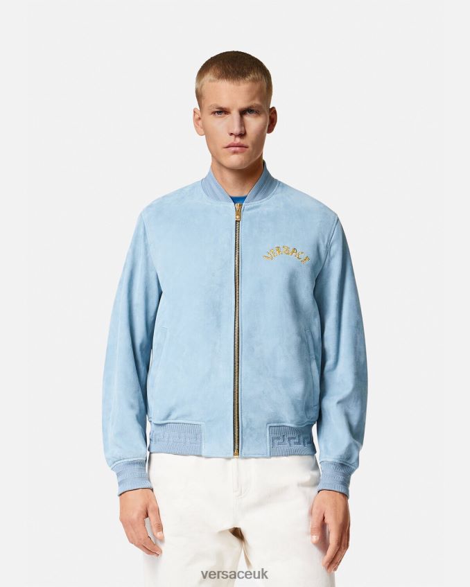 Men Versace Seashell Baroque Logo Suede Jacket 6D2D061223 Light Blue Clothing