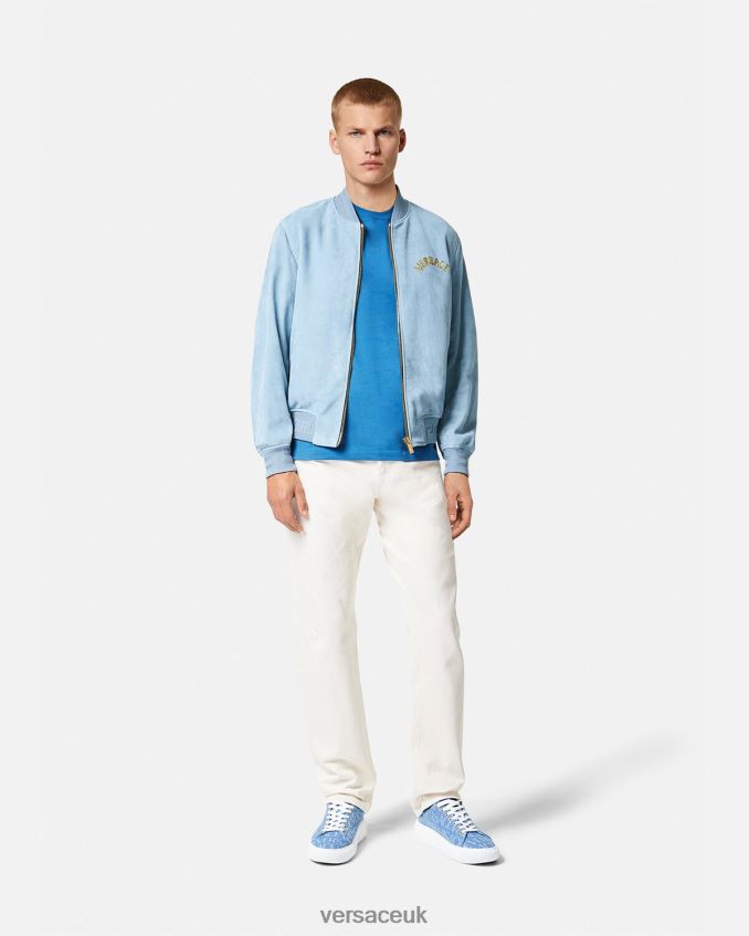 Men Versace Seashell Baroque Logo Suede Jacket 6D2D061223 Light Blue Clothing
