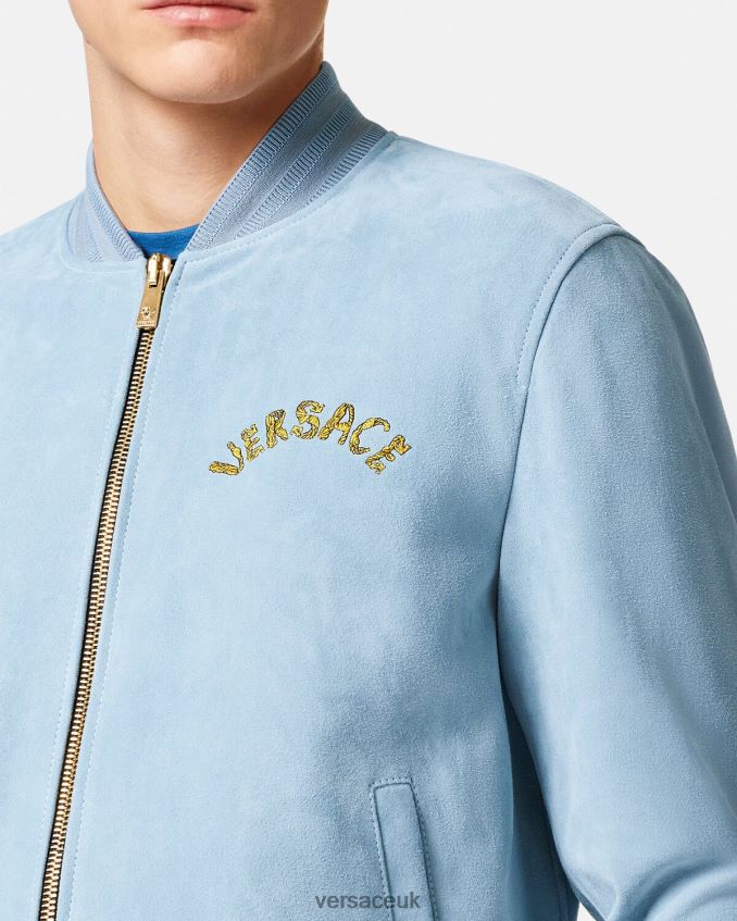 Men Versace Seashell Baroque Logo Suede Jacket 6D2D061223 Light Blue Clothing