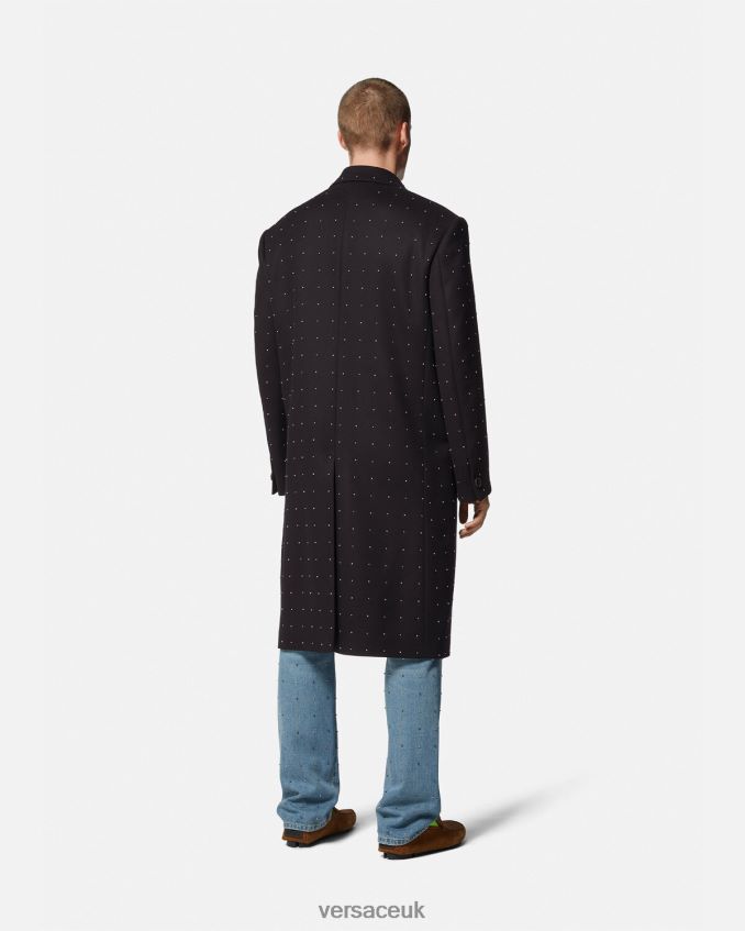 Men Versace Stud Grid Single-Breasted Coat 6D2D061256 Black Clothing