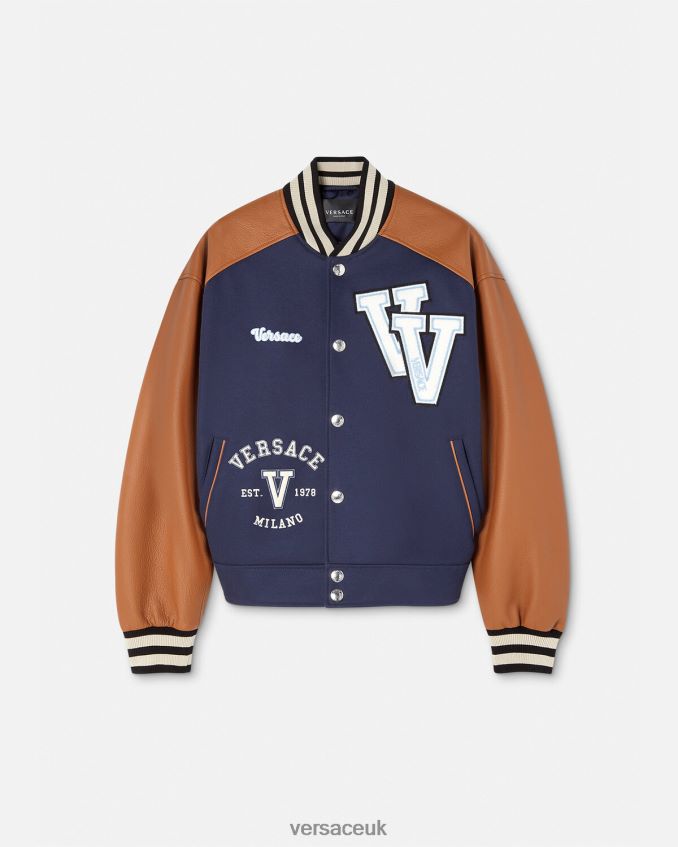 Men Versace Varsity Logo Bomber Jacket 6D2D061257 Blue & Brown Clothing