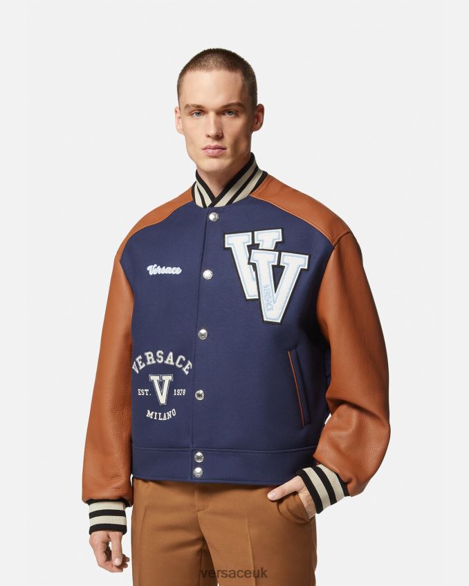 Men Versace Varsity Logo Bomber Jacket 6D2D061257 Blue & Brown Clothing