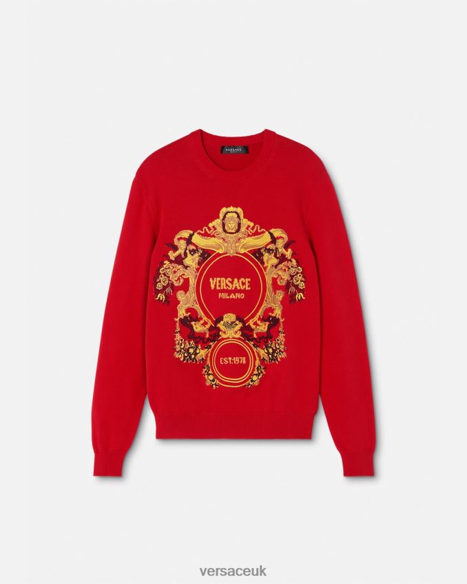 Men Versace Baroque Intarsia Embroidered Sweater 6D2D061345 Red Clothing