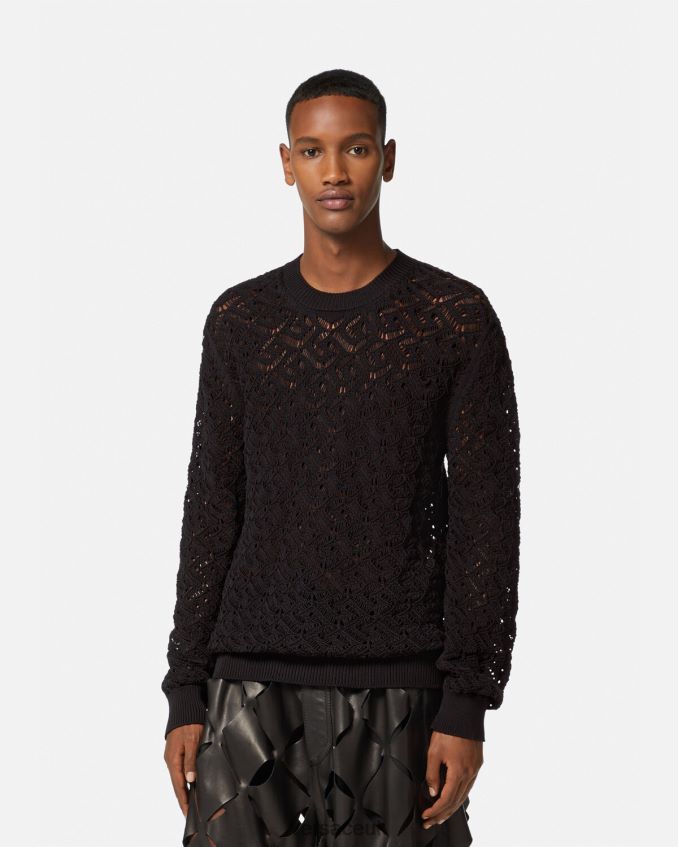 Men Versace La Greca Lace Knit Sweater 6D2D061341 Black Clothing
