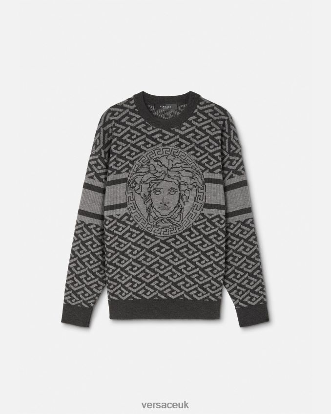 Men Versace La Greca Medusa Jacquard Sweater 6D2D061339 Gray & Black Clothing