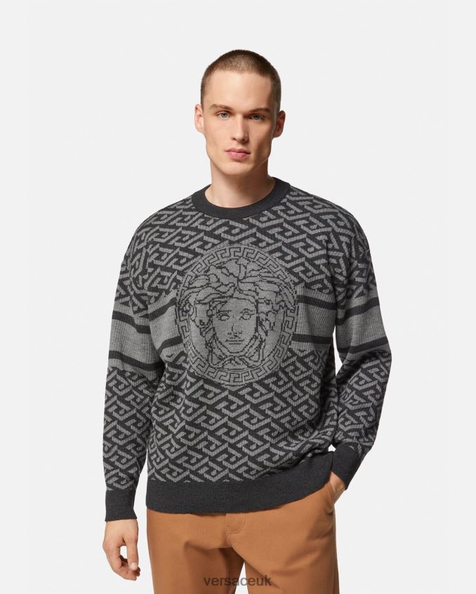 Men Versace La Greca Medusa Jacquard Sweater 6D2D061339 Gray & Black Clothing