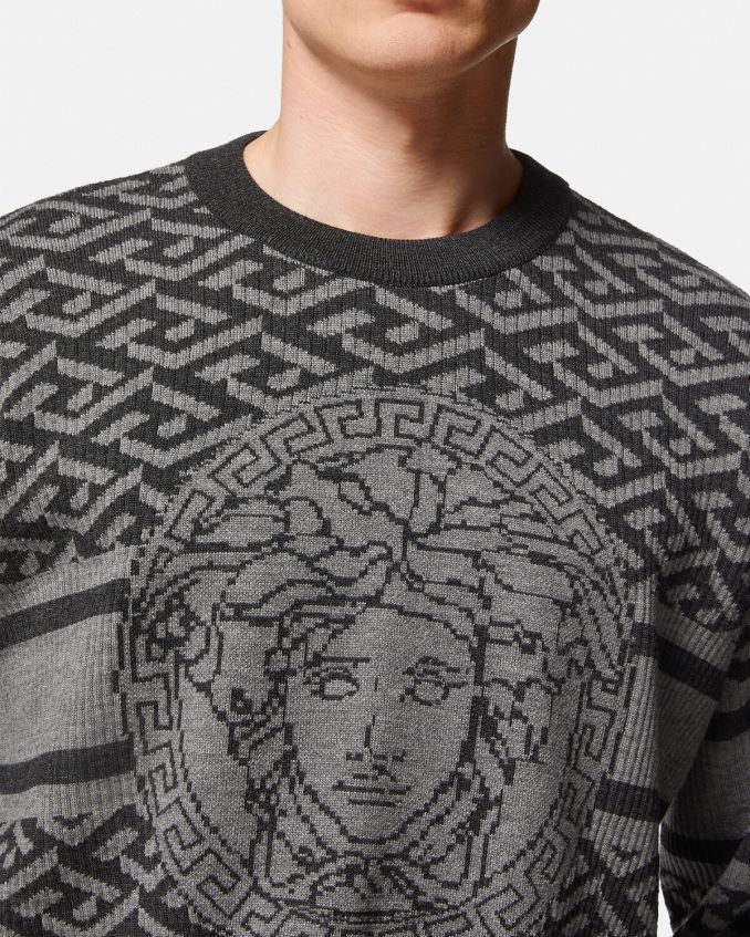 Men Versace La Greca Medusa Jacquard Sweater 6D2D061339 Gray & Black Clothing