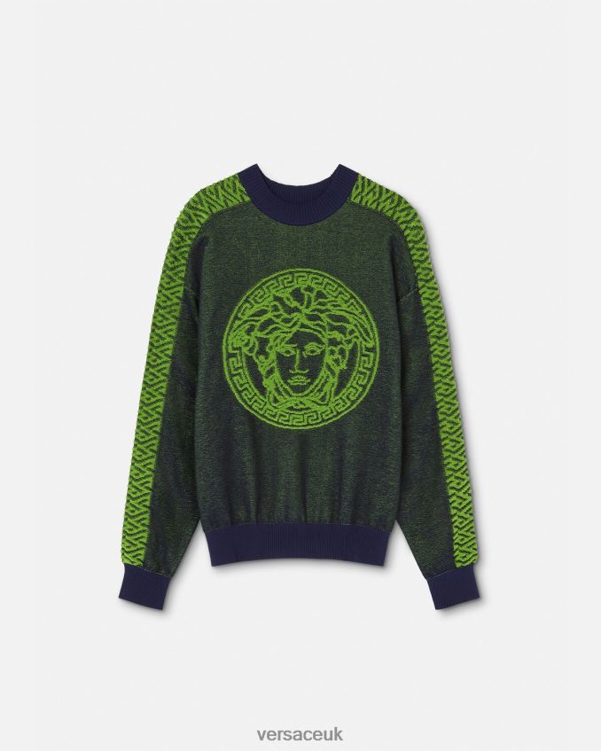 Men Versace La Greca Medusa Terry Sweater 6D2D061331 Blue & Green Clothing