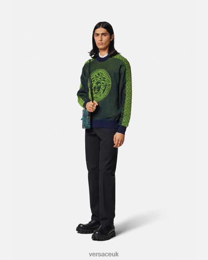 Men Versace La Greca Medusa Terry Sweater 6D2D061331 Blue & Green Clothing