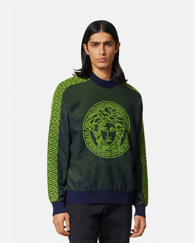Men Versace La Greca Medusa Terry Sweater 6D2D061331 Blue & Green Clothing