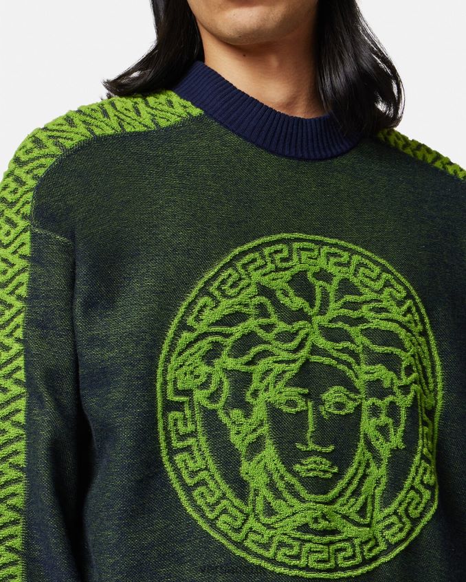 Men Versace La Greca Medusa Terry Sweater 6D2D061331 Blue & Green Clothing