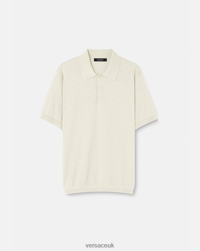 Men Versace La Greca Short-Sleeved Knit Polo Shirt 6D2D061329 Beige Clothing