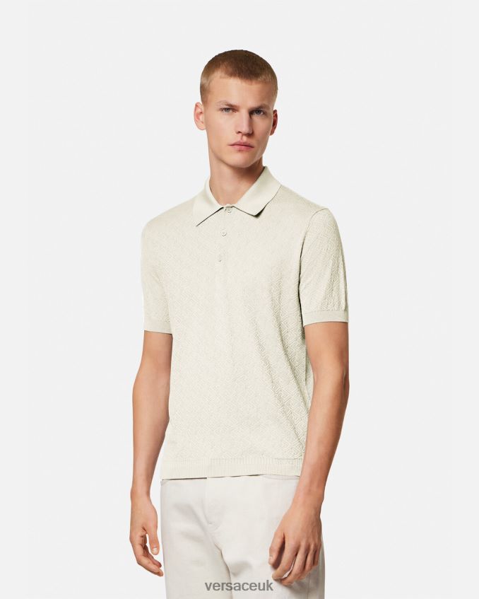 Men Versace La Greca Short-Sleeved Knit Polo Shirt 6D2D061329 Beige Clothing