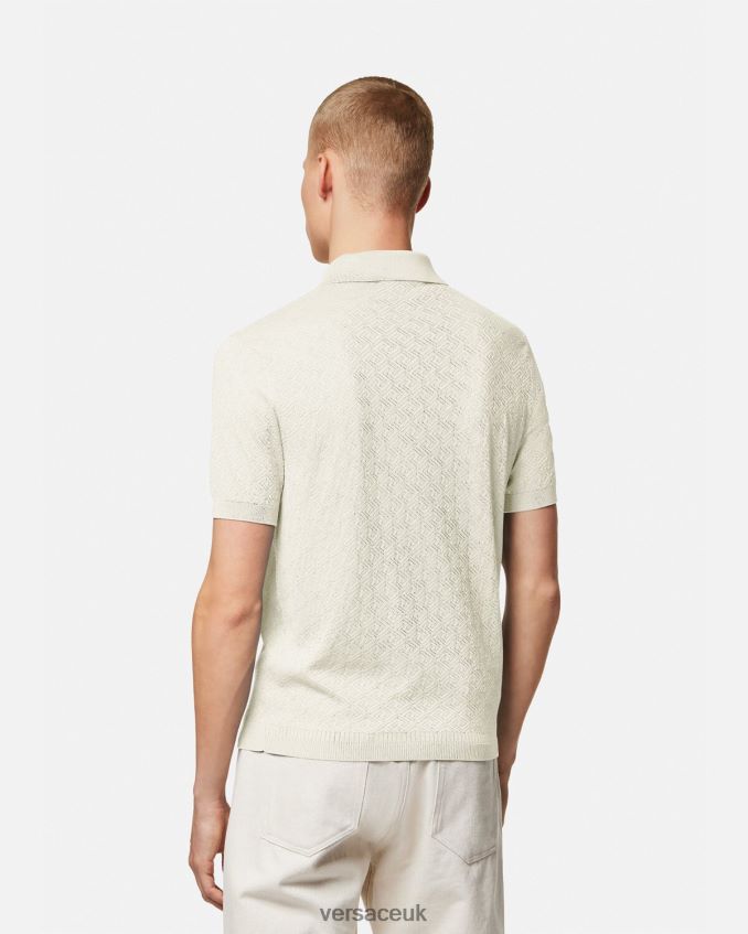 Men Versace La Greca Short-Sleeved Knit Polo Shirt 6D2D061329 Beige Clothing