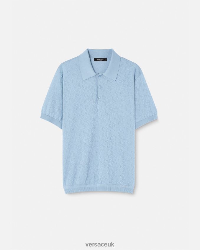 Men Versace La Greca Short-Sleeved Knit Polo Shirt 6D2D061330 Blue Clothing
