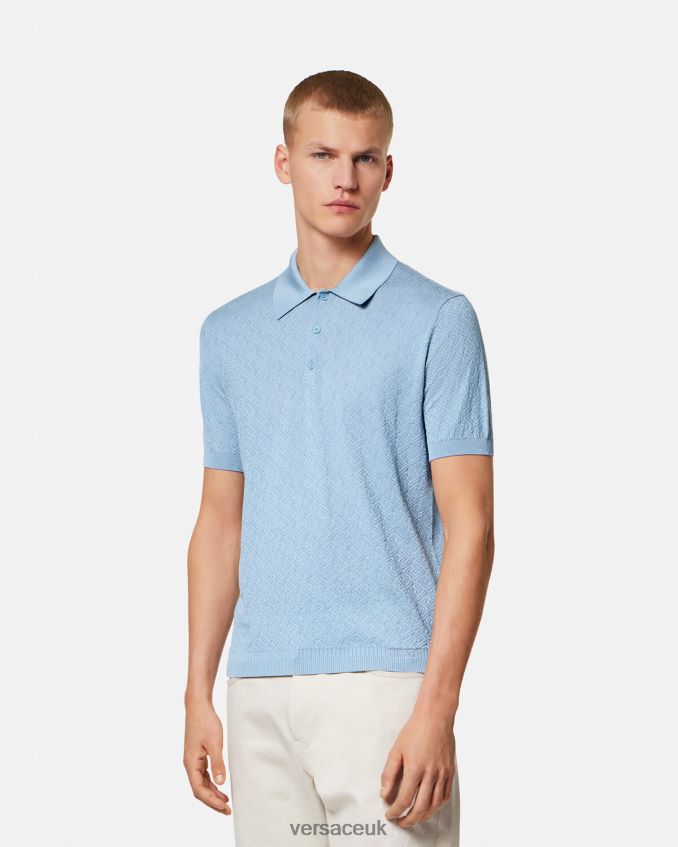 Men Versace La Greca Short-Sleeved Knit Polo Shirt 6D2D061330 Blue Clothing