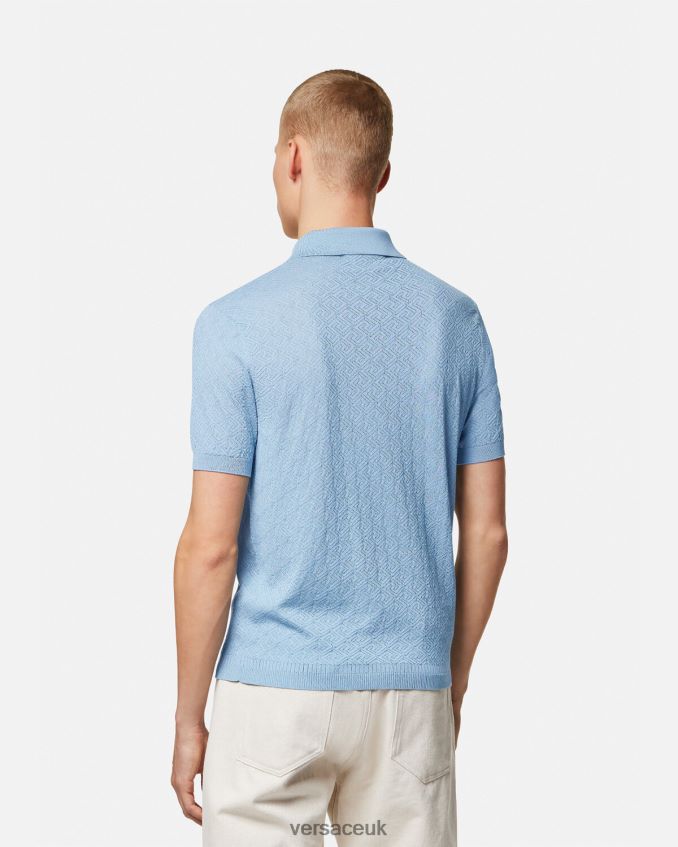 Men Versace La Greca Short-Sleeved Knit Polo Shirt 6D2D061330 Blue Clothing