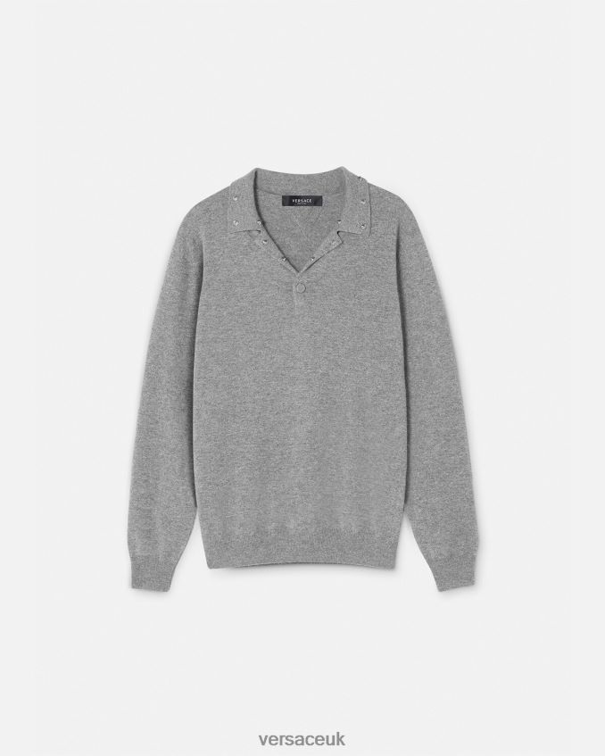 Men Versace Spiral Studded Polo Sweater 6D2D061348 Gray Clothing