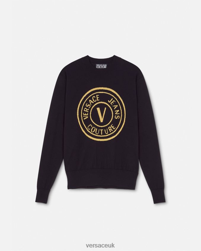 Men Versace V-Emblem Knit Wool Sweater 6D2D062434 Black & Print Clothing