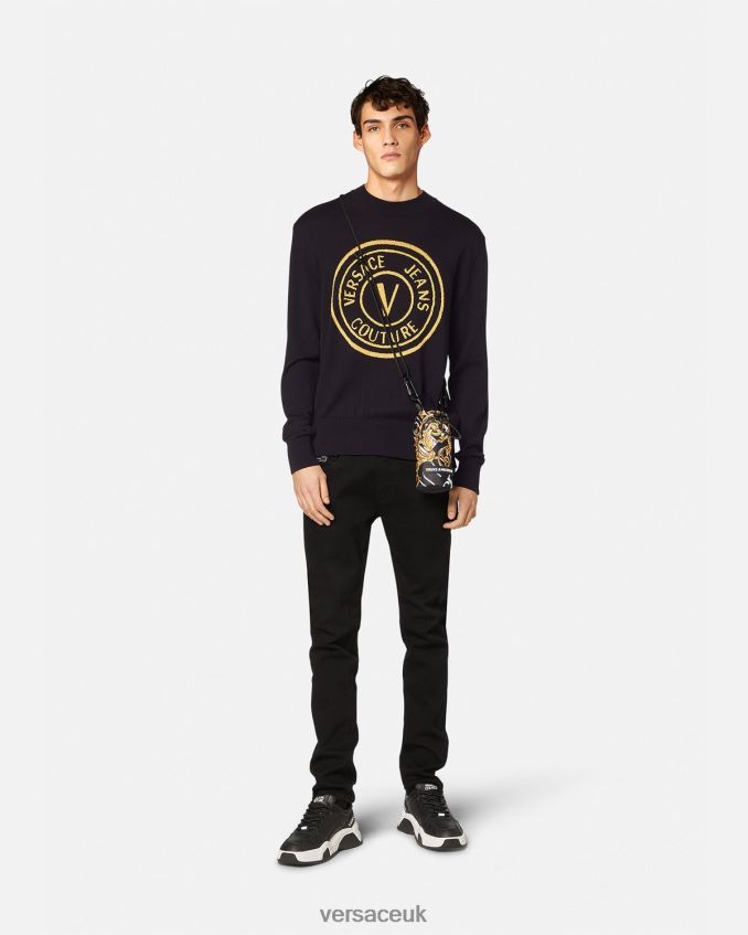 Men Versace V-Emblem Knit Wool Sweater 6D2D062434 Black & Print Clothing