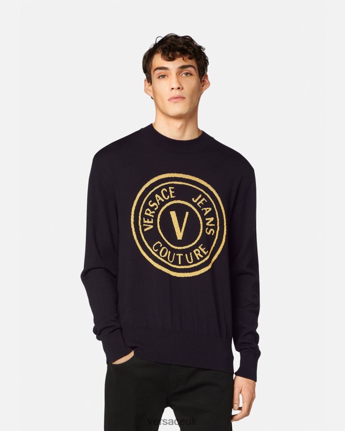 Men Versace V-Emblem Knit Wool Sweater 6D2D062434 Black & Print Clothing