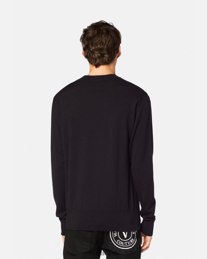 Men Versace V-Emblem Knit Wool Sweater 6D2D062434 Black & Print Clothing