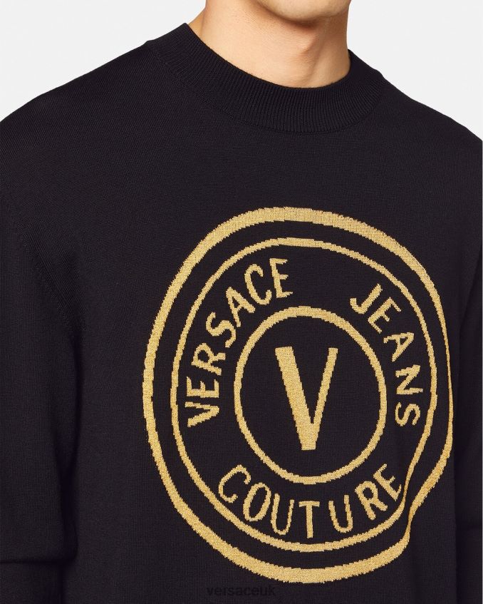 Men Versace V-Emblem Knit Wool Sweater 6D2D062434 Black & Print Clothing