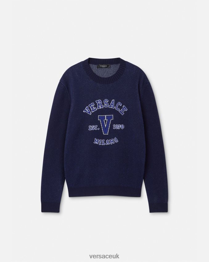 Men Versace Varsity Logo Intarsia Sweater 6D2D061349 Blue Clothing