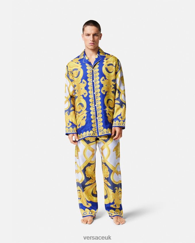 Men Versace Barocco 660 Silk Pajama Bottoms 6D2D061740 Blue & Gold Underwear & Beachwear