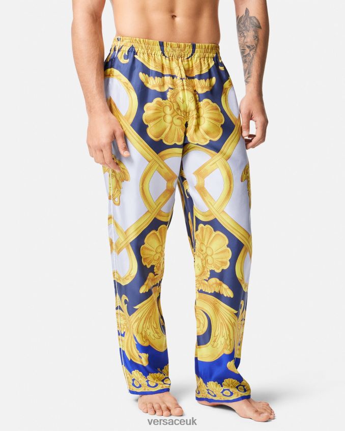 Men Versace Barocco 660 Silk Pajama Bottoms 6D2D061740 Blue & Gold Underwear & Beachwear