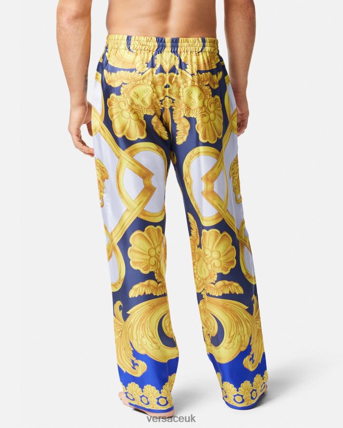 Men Versace Barocco 660 Silk Pajama Bottoms 6D2D061740 Blue & Gold Underwear & Beachwear