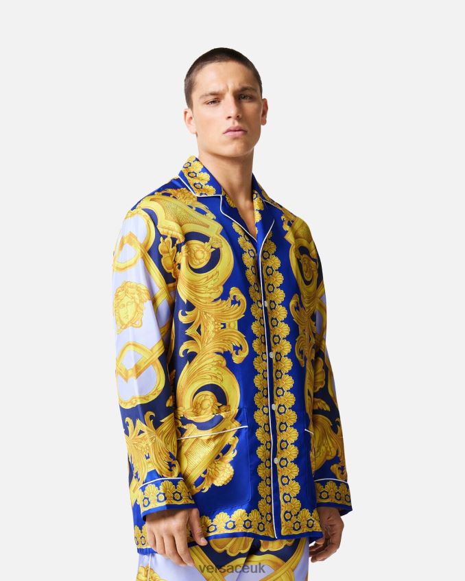 Men Versace Barocco 660 Silk Pajama Top 6D2D061739 Blue & Gold Underwear & Beachwear
