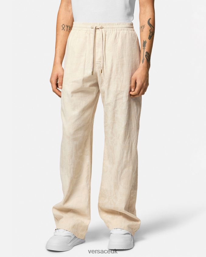 Men Versace Barocco Silhouette Chambray Pants 6D2D061442 Beige Clothing