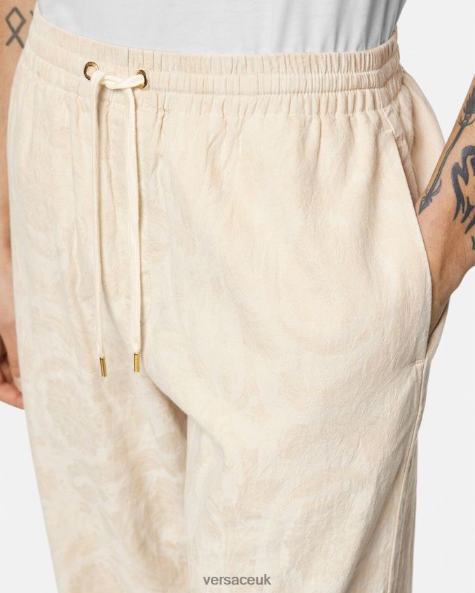 Men Versace Barocco Silhouette Chambray Pants 6D2D061442 Beige Clothing