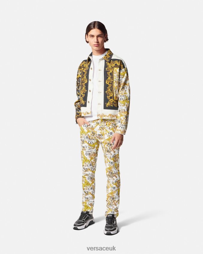 Men Versace Logo Couture Slim-Fit Jeans 6D2D062428 Gold & White Clothing