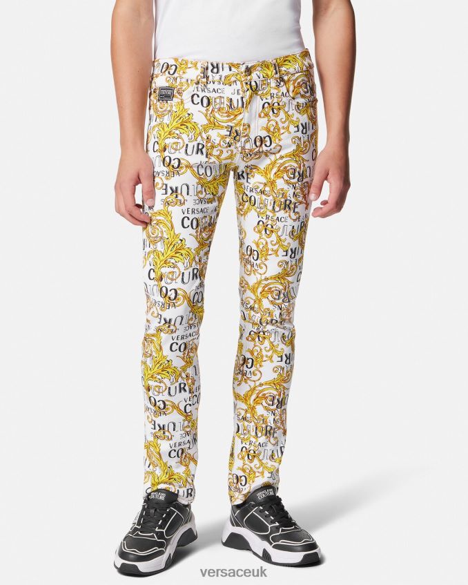 Men Versace Logo Couture Slim-Fit Jeans 6D2D062428 Gold & White Clothing