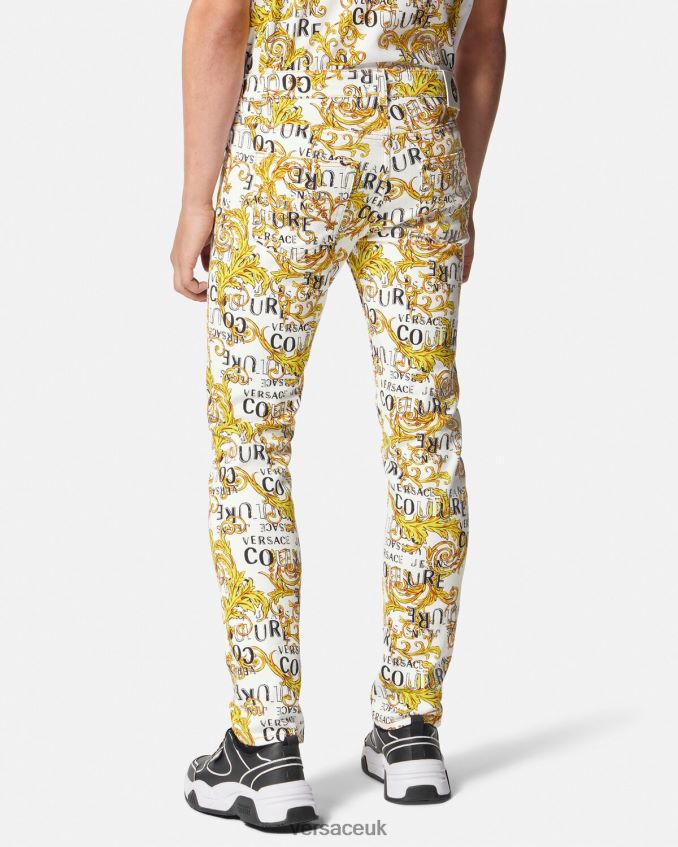 Men Versace Logo Couture Slim-Fit Jeans 6D2D062428 Gold & White Clothing