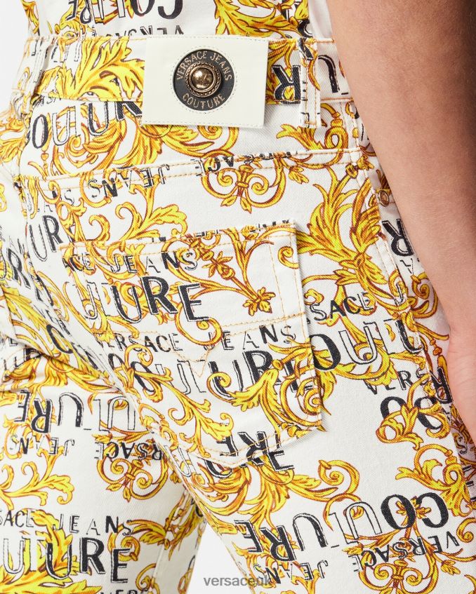 Men Versace Logo Couture Slim-Fit Jeans 6D2D062428 Gold & White Clothing