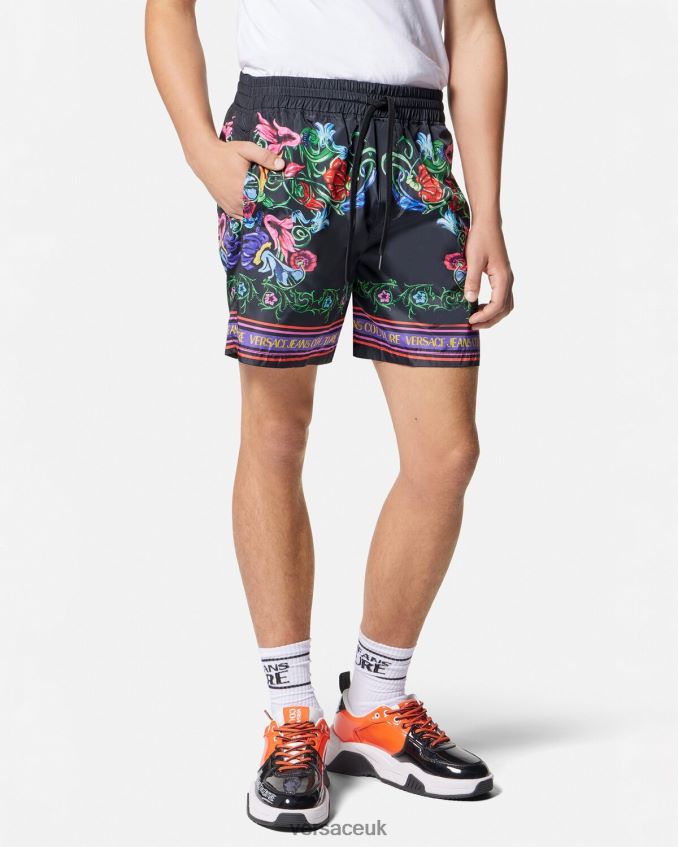 Men Versace V-Emblem Garden Shorts 6D2D062435 Black & Gold Clothing